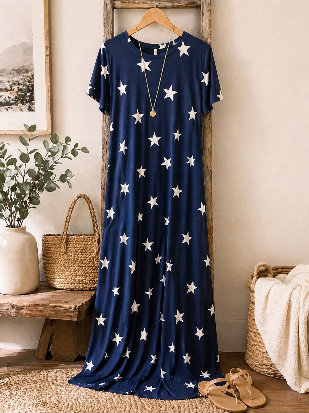 Navy Blue White Star Print Maxi Dress XL Casual Short Sleeve 4th of July